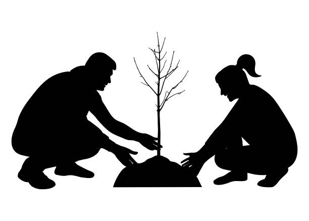 istock Planting tree, landscaping. Man and woman plant tree seedling, silhouette. Vector illustration 1407466913
