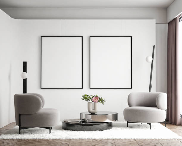 istock mock up poster frame in modern interior background, living room, Scandinavian style, 3D render, 3D illustration 1407468988