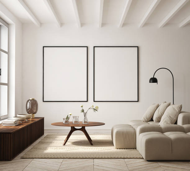 istock mock up poster frame in modern interior background, living room, Scandinavian style, 3D render, 3D illustration 1407468990