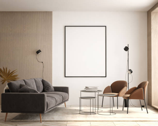 istock mock up poster frame in modern interior background, living room, Scandinavian style, 3D render, 3D illustration 1407468995