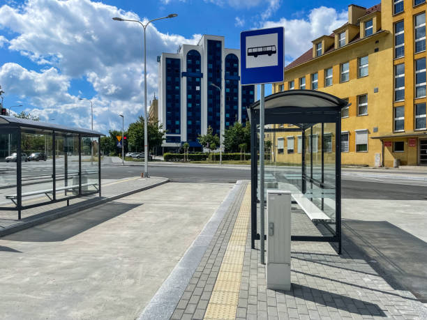 istock empty bus stop in the city. 1407470094