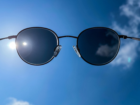 Round metal sunglasses on a clear blue summer sky.