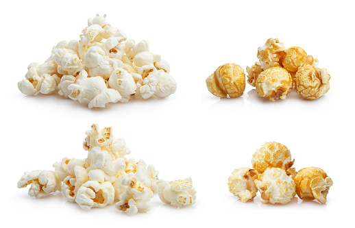 Set of delicious salty and caramel popcorn, isolated on white background