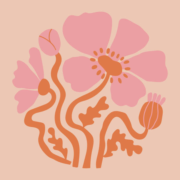 ilustraciones, imágenes clip art, dibujos animados e iconos de stock de póster abstracto de flores de amapola en estilo groovy trippy funky. la flor orgánica da forma al arte estético de la pared. - no culpable