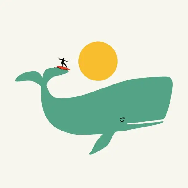 Vector illustration of Vector illustration with blue whale as ocean with wave and surfboarder silhouette riding on surfboard with sun on background.