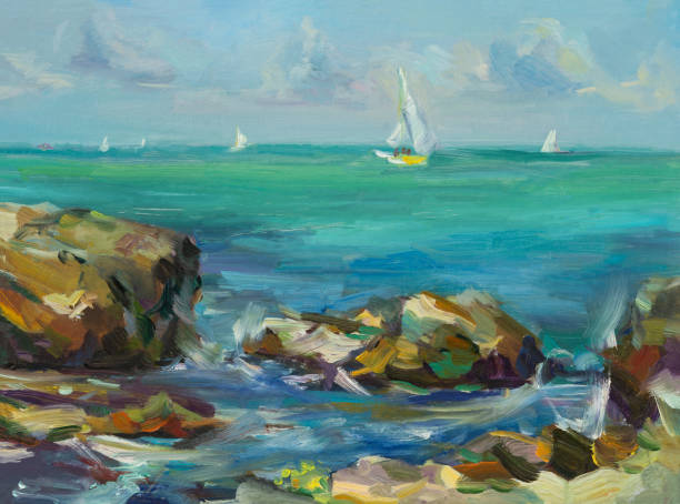 Turquoise sea stones white sailboat. Turquoise sea stones white sailboat. Abstract blue seascape with oil paints. Impressionism, etude plein air. The concept of summer, rest. Artistic pictorial background, creative postcard design impressionism stock illustrations