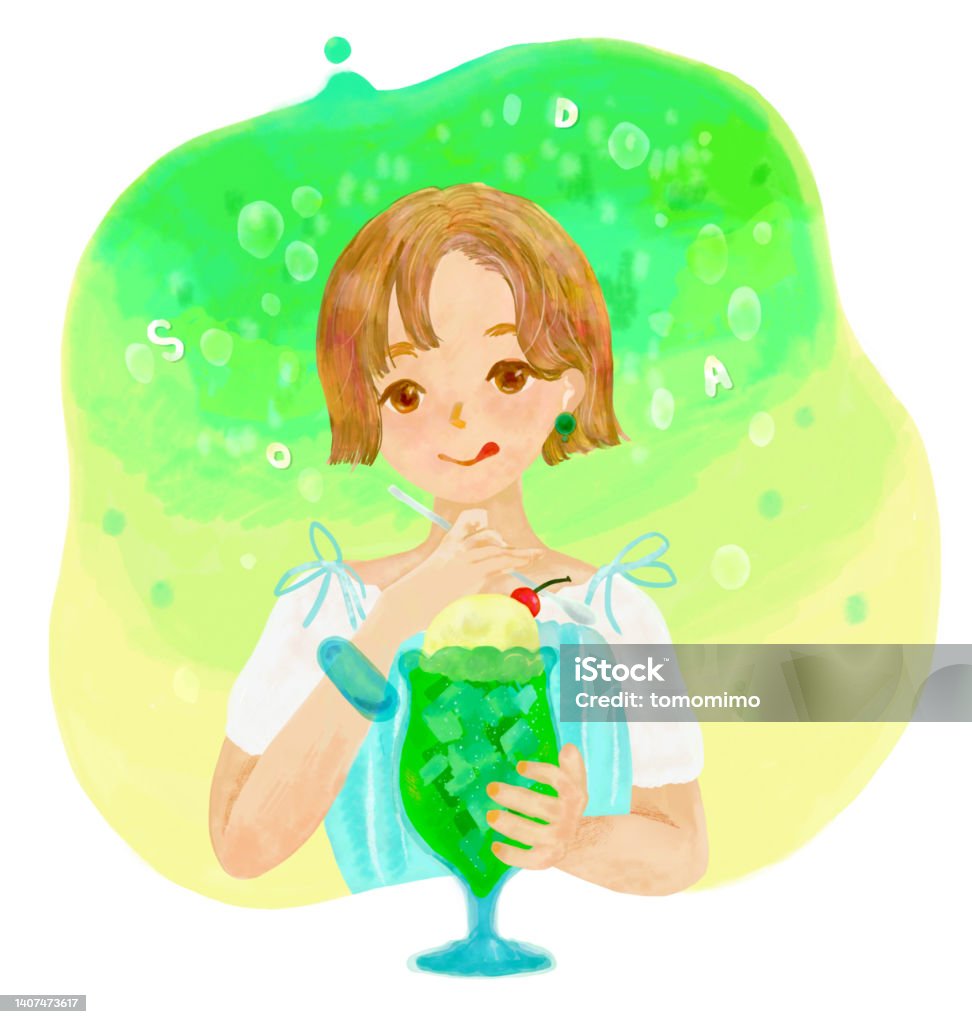 Cô Gái Dễ Thương Ăn Kem Vani Và Soda Kem Dưa Với Anh Đào Hình minh ...