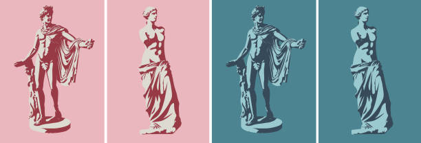 ilustraciones, imágenes clip art, dibujos animados e iconos de stock de estatuas de venus de milo (diosa del amor) y apolo belvedere en dos colores. estilización de luces y sombras. ilustración vectorial, eps 10. el concepto de escultura clásica, estilo pop art. aislado - sculpture