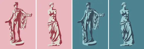 Vector illustration of Statues of Venus de Milo (goddess of love) and Apollo Belvedere in two colors. Stilization of light and shadow. Vector illustration, EPS 10. The concept of classical sculpture, pop art style. Isolated
