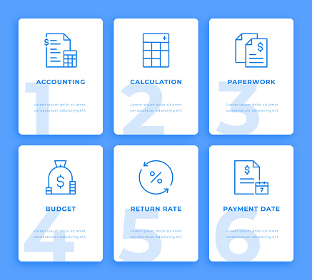 Accounting Six Steps Infographic Design with Line Icons, suitable for User Onboarding Concept for mobile apps