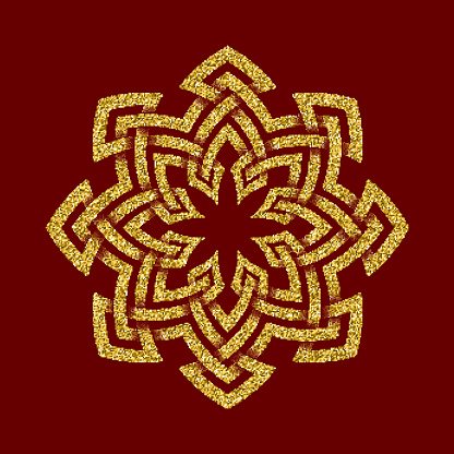 Golden glittering Symbol in Celtic knots style on dark red background. Symbol in octagon maze form. Gold ornament for jewelry design.