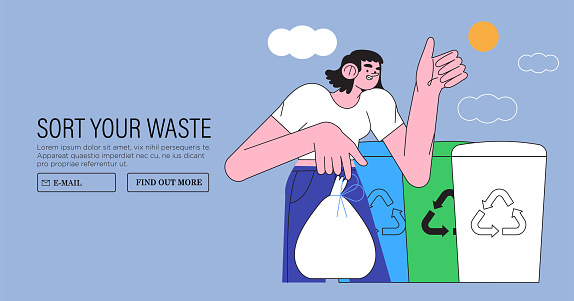 Woman put rubbish in trash bin, dumpster or container. Character do garbage collection, sorting and waste recycling. Cartoon vector illustration of people for posters, app, web landing page. Ecology.