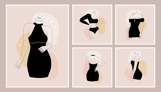 Set of minimalist female bodies on colored spots. Linear women in black dresses. Vector illustration in one line drawing style.