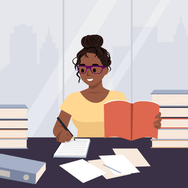 An illustration girl studying at her desk. hand drawn style vector An illustration girl studying at her desk. hand drawn style vector design illustrations. Writing ideas crumbled piles of paper desk stock illustrations