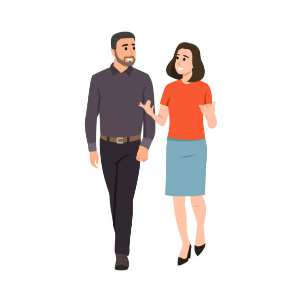 People walking while talking People walking while talking to each other illustration white shirt black skirt stock illustrations