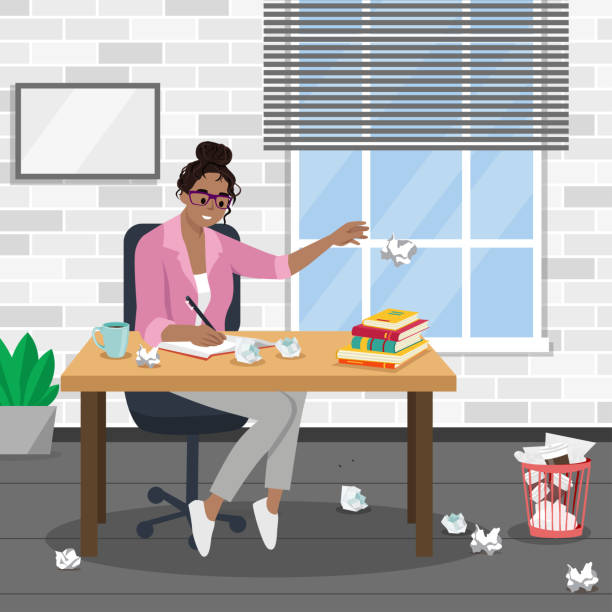 An illustration girl studying at her desk. hand drawn style vector An illustration girl studying at her desk. hand drawn style vector design illustrations. Writing ideas crumbled piles of paper desk stock illustrations