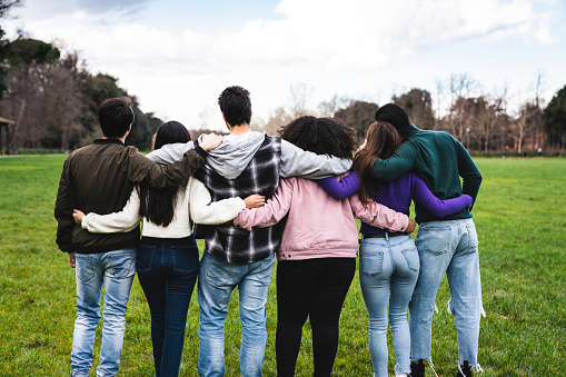 Group of six teenager friends embracing together at the park, rear view. Teamwork and cooperation concept with people together, sharing a common purpose.