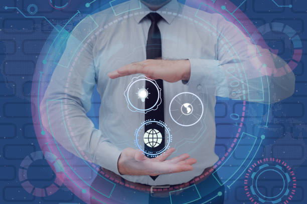 istock Businessman in suit holding open palms represents innovative thinking symbolizing futuristic technology. Man opening arms towards successful creative thinking. 1407486847