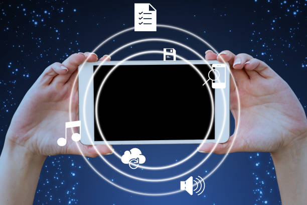 Hands holding tablet presenting innovative ideas symbolizing technology.