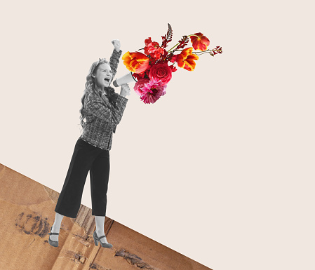 Contemporary art collage. Young shouting in megaphone with flowers appearing. Storytelling. Concept of vintage and retro design, creativity, imagination, inspiration, artwork and ad