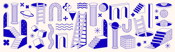 Surreal geometric shapes. Abstract vector elements and signs in trendy minimal outline style. Arch, stairs, column etc. Surreal geometric shapes. Abstract vector elements and signs in trendy minimal outline style. Arch, stairs, column and geometric shapes. Can be used in web, social media, poster, cover design, banner. surreal stock illustrations