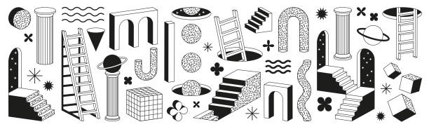 ilustraciones, imágenes clip art, dibujos animados e iconos de stock de formas geométricas surrealistas. elementos vectoriales abstractos y signos en estilo de contorno minimalista de moda. arco, escaleras, columna, etc. - black ladder white staircase