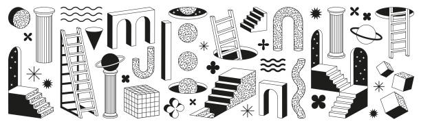 ilustrações de stock, clip art, desenhos animados e ícones de surreal geometric shapes. abstract vector elements and signs in trendy minimal outline style. arch, stairs, column etc. - black ladder white staircase