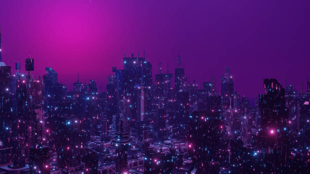 istock Modern Metropolis Neon Skyscraper Cyber Punk City Banner Background 3d Render 1407490580
