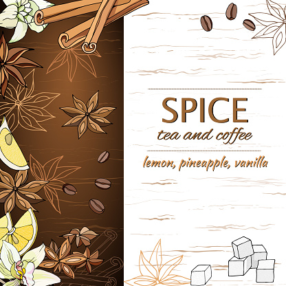 Spices for tea and coffee vector illustration of anise, lemon and vanilla cinnamon sticks for cafes and restaurants, menus
