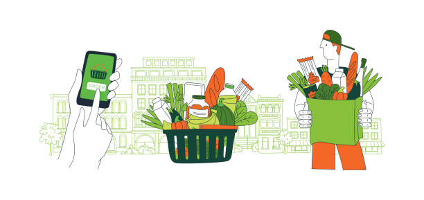 Mobile app to order grocery. Courier delivering. Background city landscape vector art illustration
