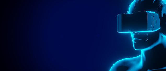Blue cyber robot ai VR glowing 3D Render Background