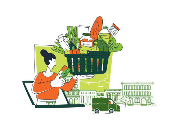 ilustrações de stock, clip art, desenhos animados e ícones de grocery courier delivering online shop order background pattern. - vegies vegetable basket residential structure