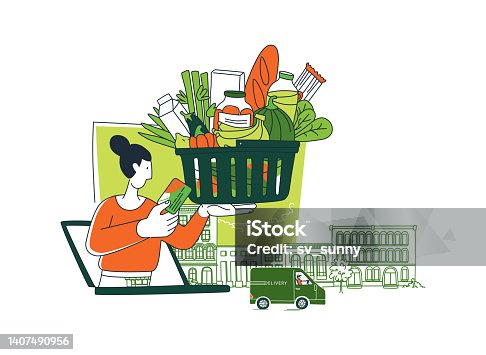 istock Grocery courier delivering online shop order background pattern. 1407490956