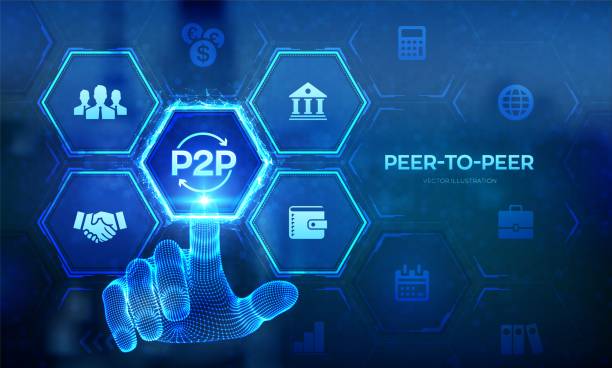ilustrações de stock, clip art, desenhos animados e ícones de peer to peer. p2p payment and online model for support or transfer money. peer-to-peer technology concept on virtual screen. wireframe hand touching digital interface. vector illustration. - peer to peer