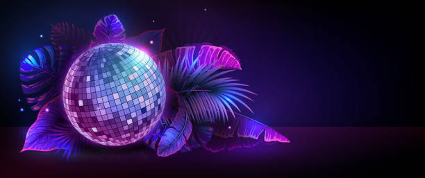 istock Disco ball illustration with fluorescent tropic leaves. Nature concept. Summer party poster. Vector illustration 1407493563