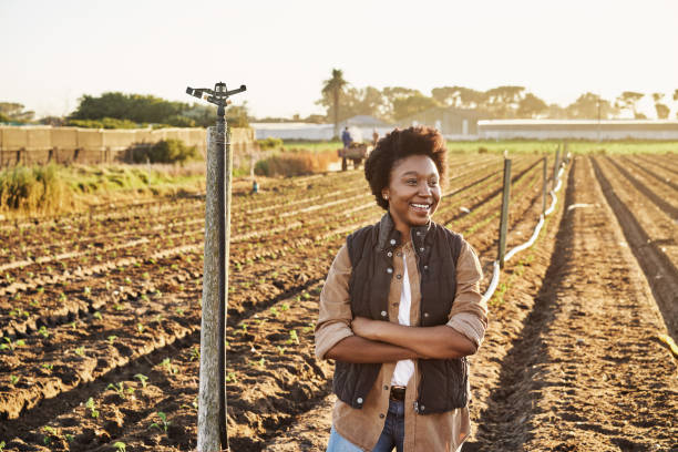 un agriculteur noir confiant travaillant dans une ferme qui réfléchit à l’avenir de l’agriculture durable. une femme africaine déterminée debout dans un champ de cultures déterminée à produire une récolte de culture biologique - women thinking contemplation sideways glance photos et images de collection