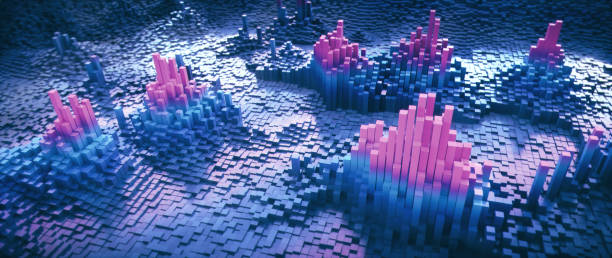 istock Large 3D graphical representation of computer data with columns in blue and purple colors. Conceptual design in the domain of IT, Cyberspace and futuristic technology. 1407496324