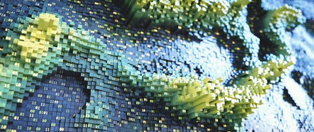 istock Big data chart graphical representation with a field of 3D block shapes with binary numbers. Conceptual design in the domain of data mining, virtual reality, databases and futuristic technology. Wide horizontal composition. 1407496400