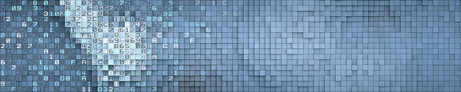 Wide horizontal big data blue template banner grid with 3D block shapes of encrypted computer code. Conceptual design in the domain of data mining, virtual reality, databases and futuristic technology.