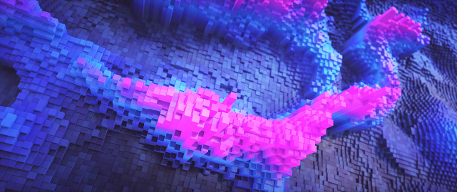 Large 3D graphical representation of computer data as a relief map in blue and purple geometric shapes. Conceptual design in the domain of data mining, virtual reality, databases and futuristic technology.
