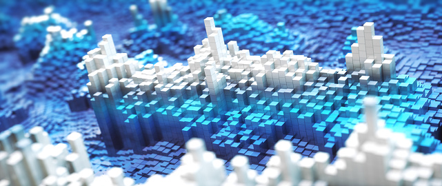 Close up on 3D graphical representation of computer data in blue and white geometric shapes. Conceptual design in the domain of Data Mining, Virtual Reality and futuristic technology.