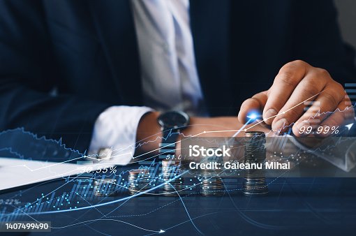 istock Financial investment and  success market stock technology currency report. Stacks of  coin with trading graph.Business financial chart graph on economy. 1407499490