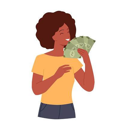 Happy rich girl holding fan of dollar banknotes vector illustration. Cartoon pretty cheerful woman celebrating with smile and cash money in hand isolated on white. Savings, payment, lottery concept