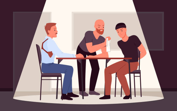Scene of police interrogation to suspected criminal Scene of police interrogation to suspected criminal. Formal questioning arrested person, criminology law, crime investigation process, witnesses and suspects vector illustration police interview stock illustrations