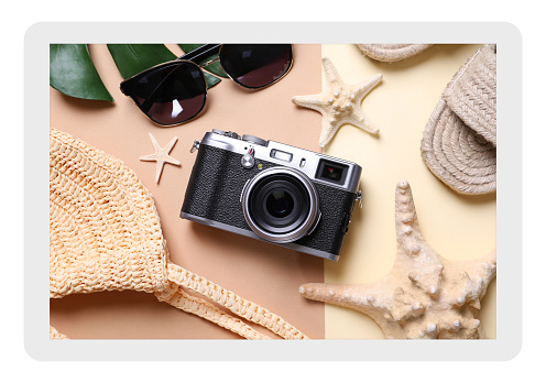 Paper photo. Flat lay composition with retro camera and sunglasses on color background