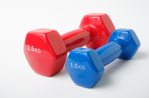 Simple Dumbbell. Blue and red dumbbells for fitness on a white background.