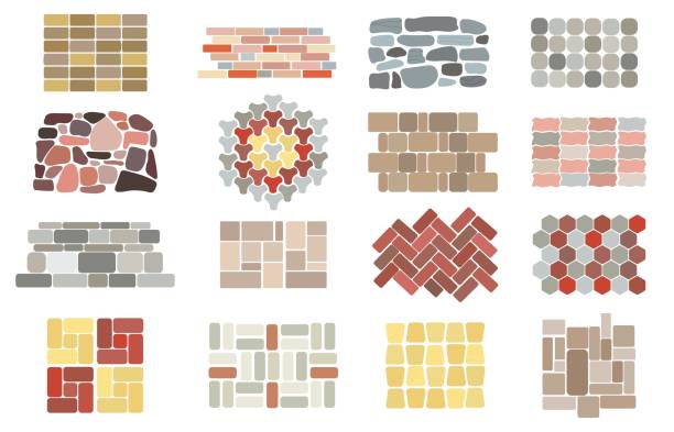 ilustrações de stock, clip art, desenhos animados e ícones de stone paving tiles. garden paved floor, pavement stones textures. tile way in park or city, patio yard surface. bricks tiles interior designs decent vector set - cobblestone