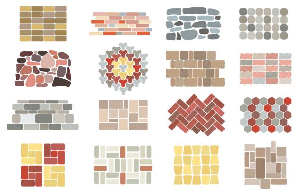 Stone paving tiles. Garden paved floor, pavement stones textures. Tile way in park or city, patio yard surface. Bricks tiles interior designs decent vector set Stone paving tiles. Garden paved floor, pavement stones textures. Tile way in park or city, patio yard surface. Bricks tiles interior designs vector set of floor pavement texture stone illustration cobblestone stock illustrations