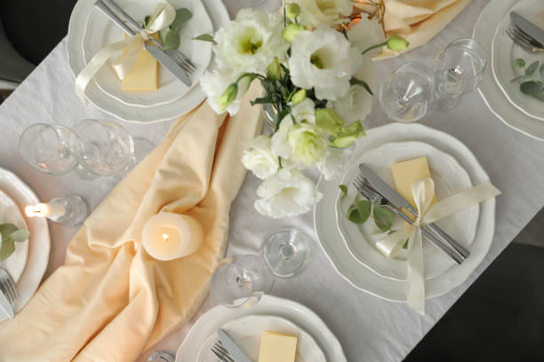 istock Festive table setting with beautiful floral decor, flat lay 1407507140