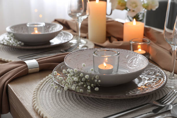 istock Festive table setting with beautiful floral decor in restaurant 1407507205
